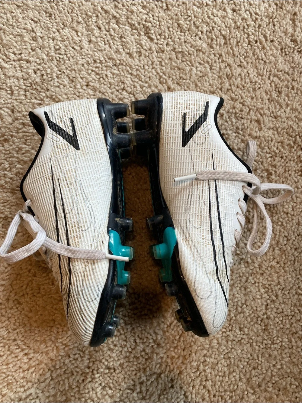 Kids White and Teal Soccer Cleats